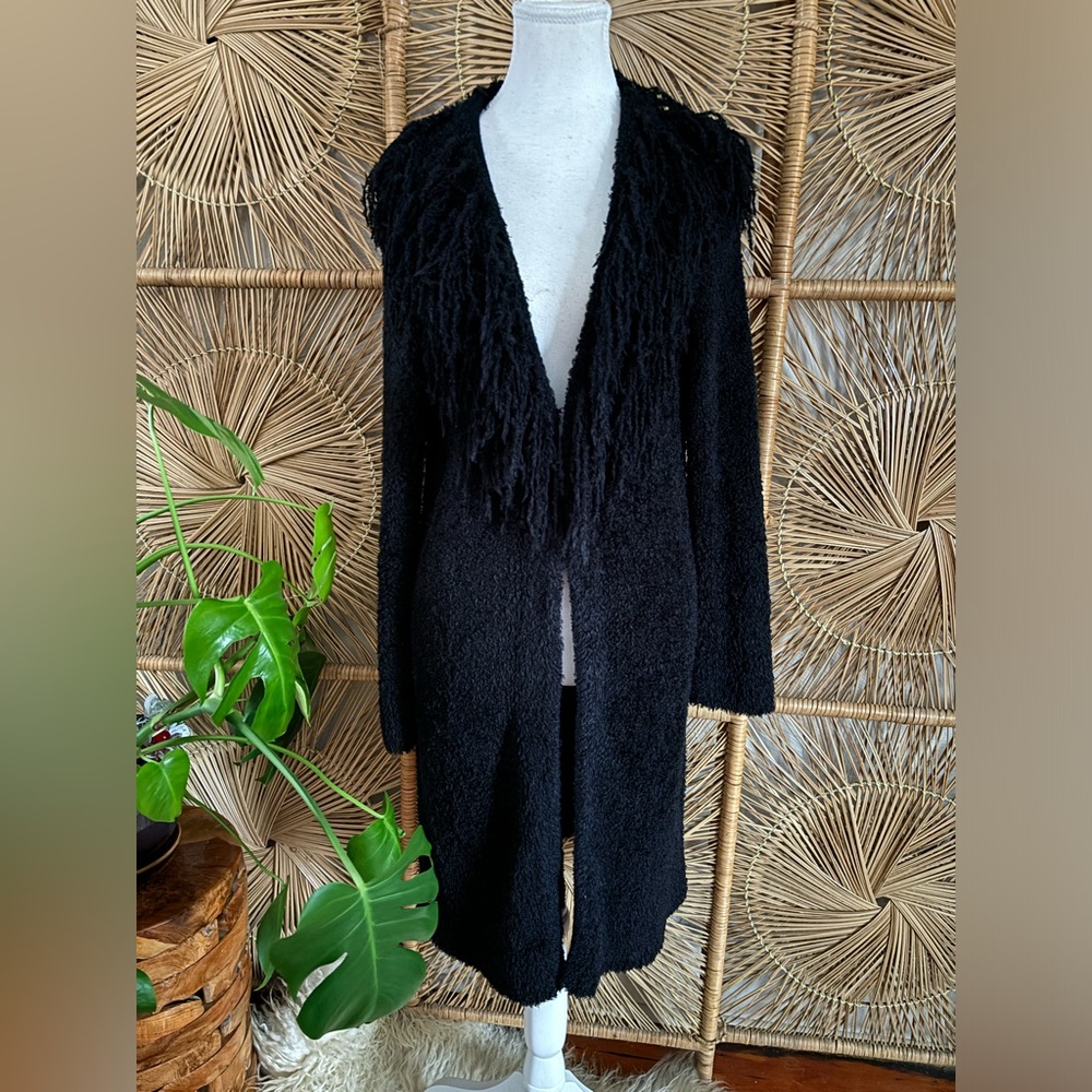 Kiko Black Long Fringe Open Cardigan Sweater